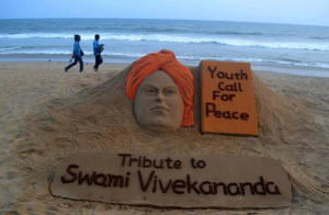 A sand art is seen at the Bay of Bengal Seas eastern coast beach at Puri