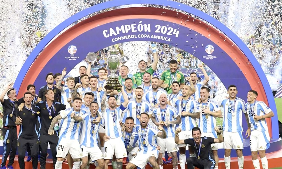 Argentina players celebrate after Copa America final victory at the Hard Rock Stadium, in Miami, Florida on July 14, 2024