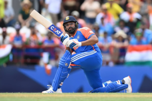 India captain Rohit Sharma hits six runs during the ICC Men's T20 Cricket World Cup