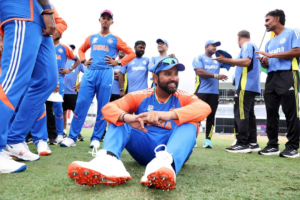 Rohit Sharma of India celebrates victory after winning the ICC Men's T20 Cricket World Cup