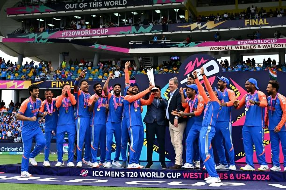 Team India celebrated with the trophy after winning the ICC Men's T20 World Cup 2024.