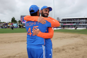 Virat Kohli and Rohit Sharma of India celebrates victory after winning the ICC Men's T20 Cricket World Cup