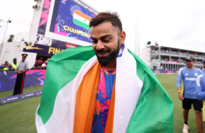 Virat Kohli of India celebrates with the ICC Men's T20 Cricket World Cup