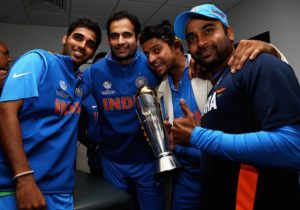 Bhuvneshwar Kumar, Irfan Pathan, Suresh Raina and Amit Mishra of India celebrate their teams win over England on June 23, 2013 in Birmingham England. Credit: gettyimages