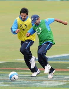 India's Virat Kohli (L) and Amit Mishra (R) play a warm up football match during the training session at SuperSport Park in Centurion on September 25, 2009. Credit: gettyimages