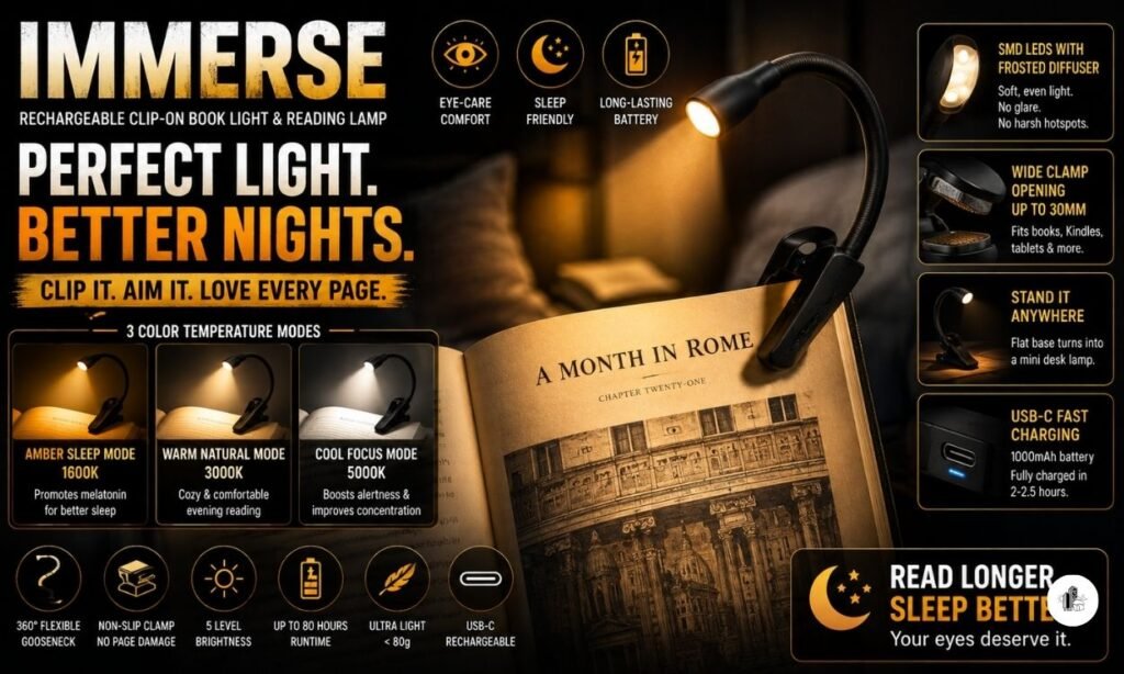Immerse Clip-On Book Light Ultimate Night Reading Lamp